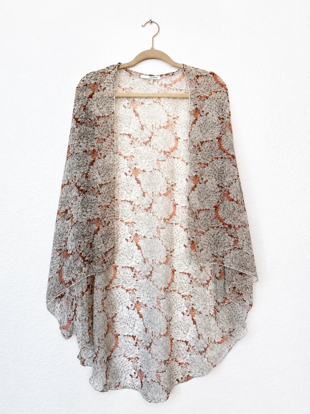 Minimi Sheer Floral Cocoon Kimono Cardigan Blush Grey High Low Duster Top